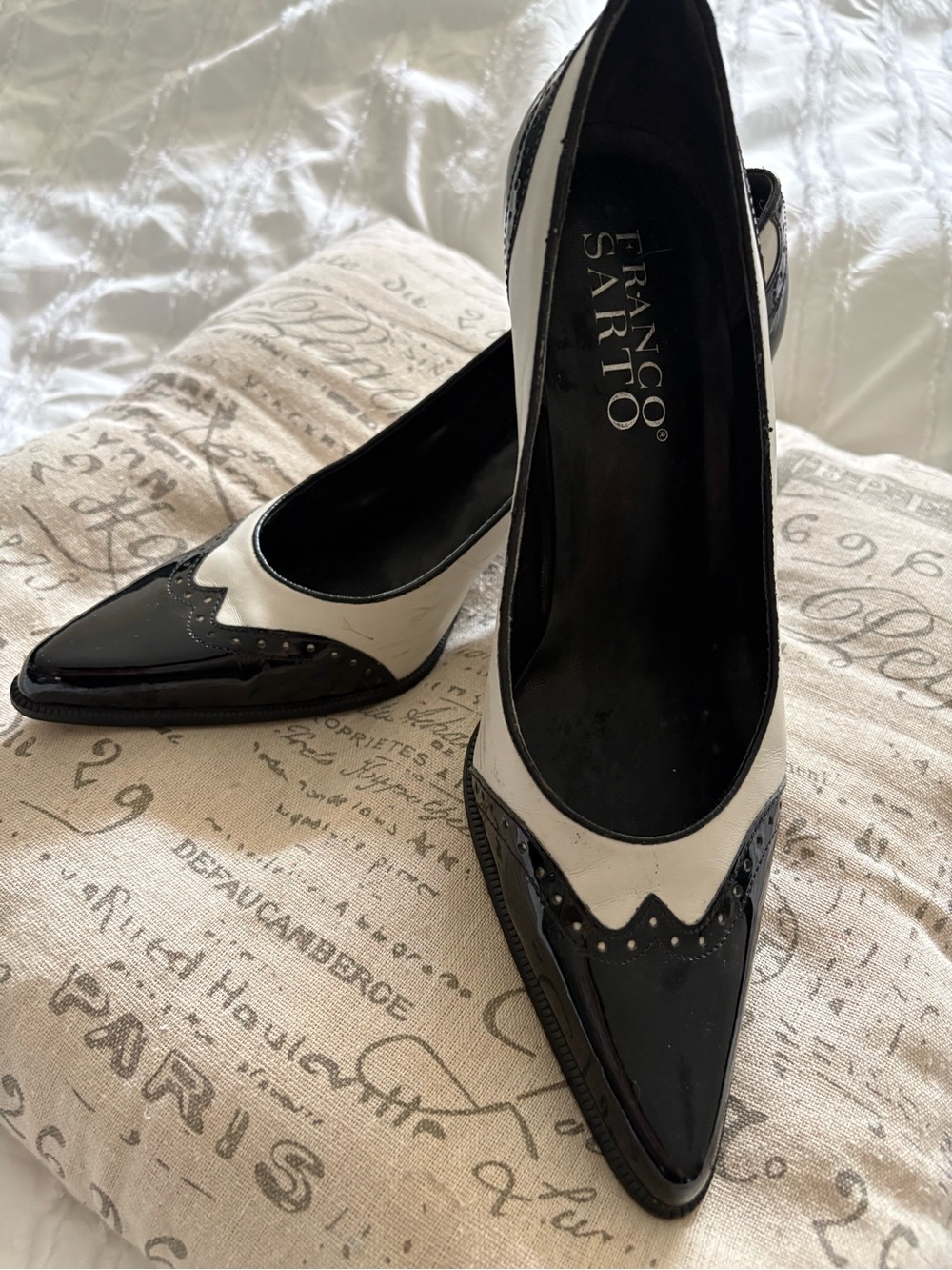 Franco Sarto Black and White Two-Tone Tuxedo Brogue Patent Leather Pumps